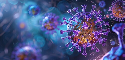 Fototapeta na wymiar A close-up of a purple virus cell with blue and purple lights Generative AI