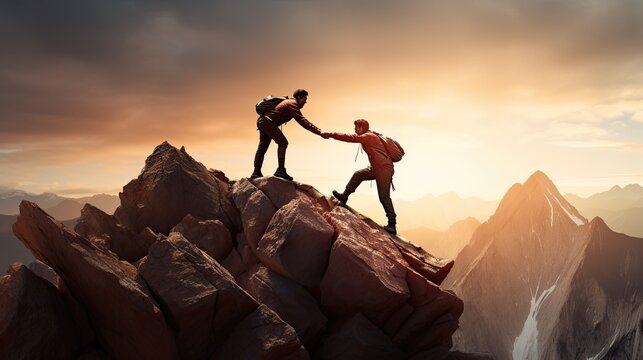 Teamwork Concept With Man Helping Friend Reach The Mountain Top