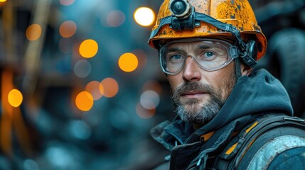 A Miner with a Hard Hat and Headlamp in a Dark Coal Mine, Operating Heavy Machinery - obrazy, fototapety, plakaty