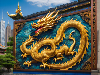 City Wall Dragon Majesty: A Breathtaking Capture of the Wooden Dragon Mural Celebrating Chinese New Year. generative AI