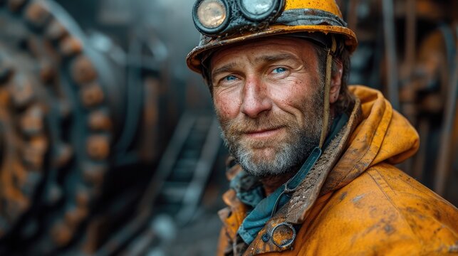 A Miner with a Hard Hat and Headlamp in a Dark Coal Mine, Operating Heavy Machinery