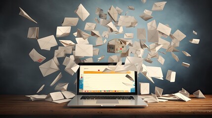 Redesign the imagery to depict the idea of email overload and spam, using envelopes soaring above a laptop screen. - obrazy, fototapety, plakaty