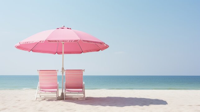 Little pink parasol and chair on the beach, summer vacation concept