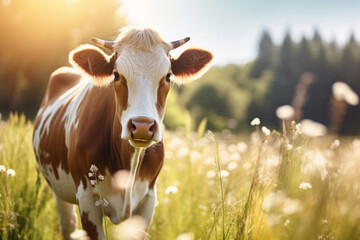 cow in sunny grass field, in the style of pet care. nature-inspired imagery. cow is walking around...