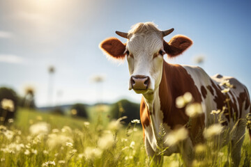 cow in sunny grass field, in the style of pet care. nature-inspired imagery. cow is walking around in a field, sunrays shine upon it. cattle, farming, pasture. - obrazy, fototapety, plakaty