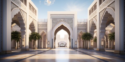 3D design concept for the main entrance of an Islamic boarding school, incorporating ornate arches...