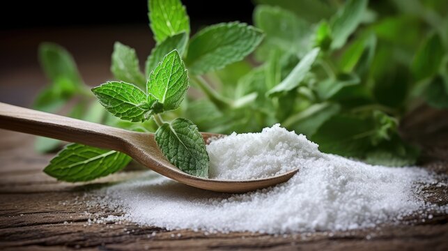 Spoon with natural sweetener stevia on a heap, closeup