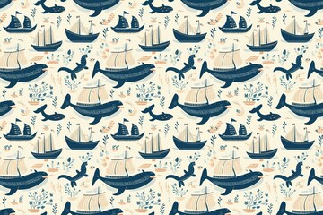 Nautical seamless pattern with sailboats, marine animals, and plants on a light background