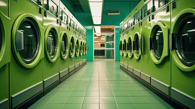 washing and laundry concept with rows of green laundry machines in environmental friendly laundromat