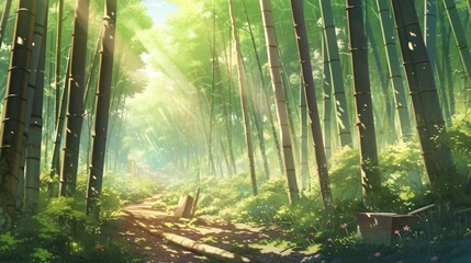An ultra-realistic depiction of a serene bamboo forest with sunlight filtering through the canopy, casting intricate patterns on the ground, Niji art style - Generative AI
