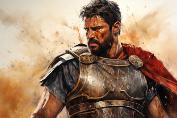Fototapeta na wymiar hand-drawn sketch, Gladiator. knight in armor. intense close-ups. The man is a warrior. portrait.