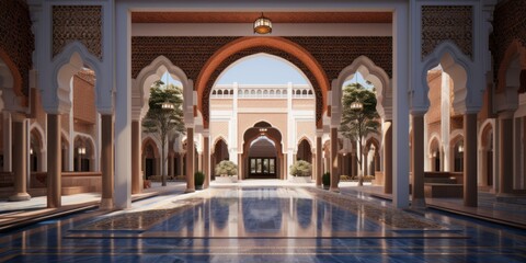3D design concept for the main entrance of an Islamic boarding school, incorporating ornate arches and Islamic geometric patterns