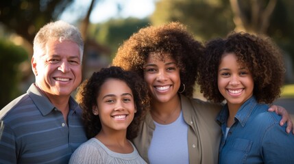 Happy, diverse family with two children smiling outdoors, perfect for lifestyle and relationship themes.