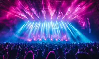Energetic crowd enjoying a live concert with vibrant pink and blue stage lights at a music festival, capturing the essence of entertainment and nightlife - obrazy, fototapety, plakaty