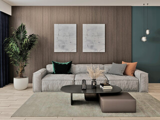 Mock up of a modern living room with a large comfortable sofa and a trendy background, 3D rendering.