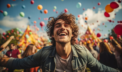 Joyful young man with curly hair celebrating at a festival, arms outstretched, surrounded by balloons and a happy crowd under the open sky - obrazy, fototapety, plakaty