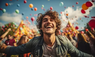 Foto auf Glas Joyful young man with curly hair celebrating at a festival, arms outstretched, surrounded by balloons and a happy crowd under the open sky © Bartek