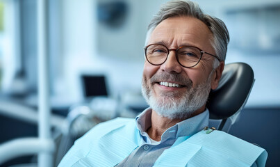 Confident mature man with a charming smile relaxing in a modern dental clinic chair, portraying dental care and healthy lifestyle for seniors