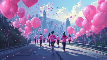 A group of people walking down a street with pink balloons in the air Generative AI - obrazy, fototapety, plakaty