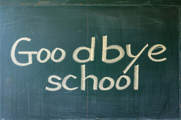 Goodbye school. Chalk inscription on the school green blackboard on the wall. graduation. end of the educational process, the academic year. beginning of the holidays.