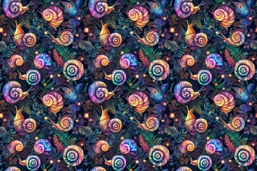 Colorful snails on a mystical, patterned background with glowing elements
