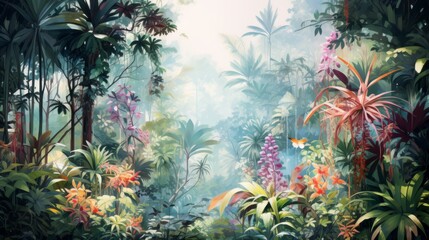 Enchanting digital art of a lush, mystical jungle with vibrant foliage. Ideal for design use and backdrops.
