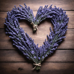 Heart-shaped wreath of lavender on a wooden table.