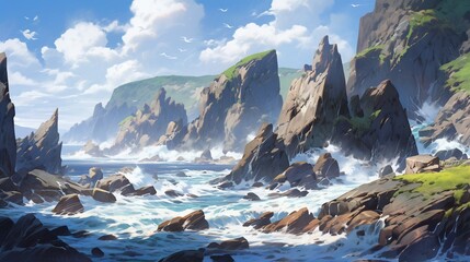 An ultra-realistic coastal vista with crashing waves, intricate rock formations, and a dramatic sky, capturing the raw power and beauty of the ocean meeting the land, Niji art style - Generative AI - obrazy, fototapety, plakaty