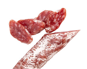 dried salami with white mold, whole and slices of salami for create layout, concept of tasty food