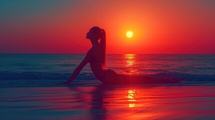 Silhouette of perfect body woman doing yoga at sunset time