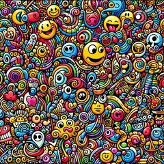 Smiley Explosion: Colorful Smiley doodle art pattern with various objects