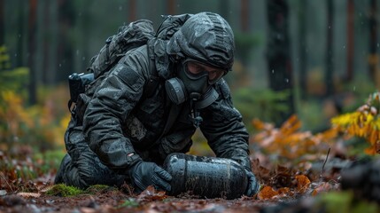 Focused EOD Specialist in Full Protective Gear Meticulously Inspecting a Suspected Bomb Device for Safe Disposal