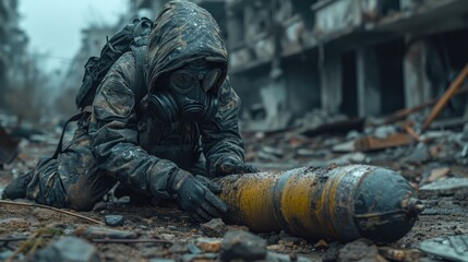Focused EOD Specialist in Full Protective Gear Meticulously Inspecting a Suspected Bomb Device for Safe Disposal