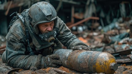 Focused EOD Specialist in Full Protective Gear Meticulously Inspecting a Suspected Bomb Device for Safe Disposal