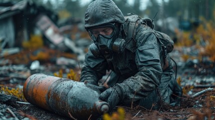 Focused EOD Specialist in Full Protective Gear Meticulously Inspecting a Suspected Bomb Device for Safe Disposal