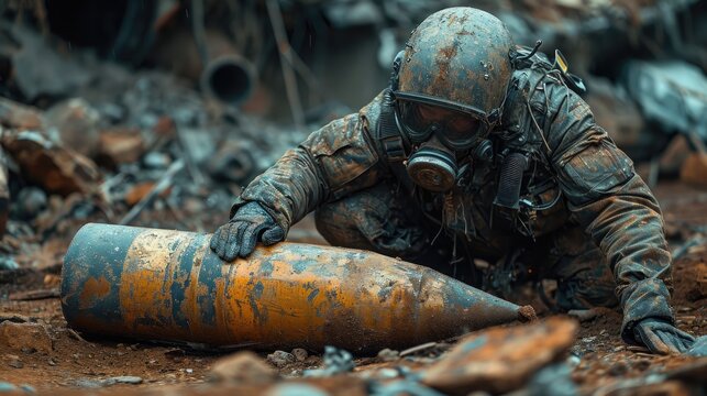 Focused EOD Specialist in Full Protective Gear Meticulously Inspecting a Suspected Bomb Device for Safe Disposal
