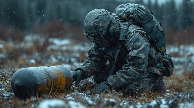Focused EOD Specialist in Full Protective Gear Meticulously Inspecting a Suspected Bomb Device for Safe Disposal