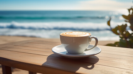 cup of cappuccino with sea view - obrazy, fototapety, plakaty