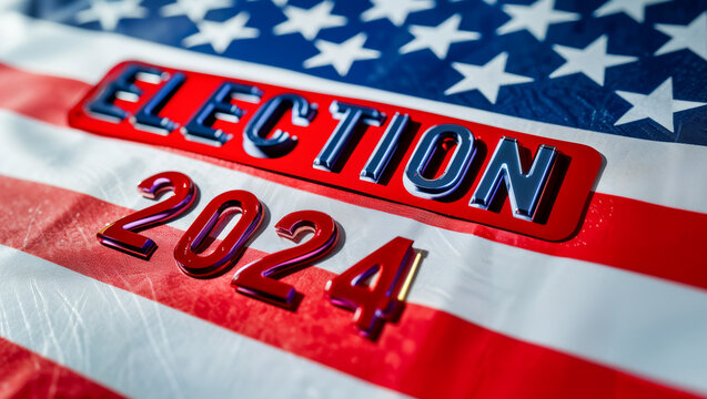 A flag with a rubber patch featuring the inscription ELECTION 2024