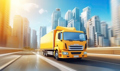 delivery truck driving in urban city. shipping, express shipment business background banner