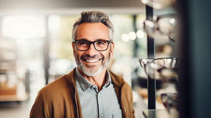 Caucasian man tries on glasses in an eyeglasses store. - obrazy, fototapety, plakaty