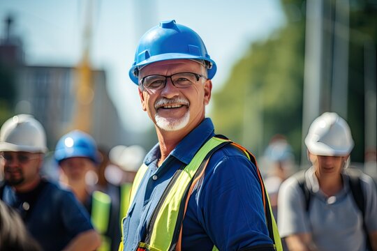 engineer mechanics construction technical worker plumber electrician adult mature senior man wearing a construction helmet and work clothes goes to the factory