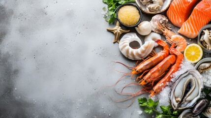 Assorted seafood and spices on a gray background. - obrazy, fototapety, plakaty