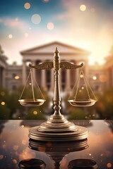 Scales of law, justice and fairness against courthouse building background, protection by law - obrazy, fototapety, plakaty