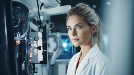 Fototapeta premium Caucasian woman in gown is having confidence in office science work.