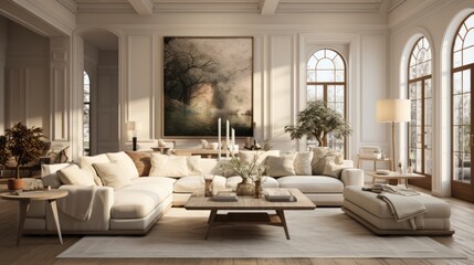 A quiet luxury living room is glam, shiny mirrored or glitzy Rather, quiet luxury style living rooms are filled with warmth collected accents plush seating soft rugs layered lighting home interior - obrazy, fototapety, plakaty