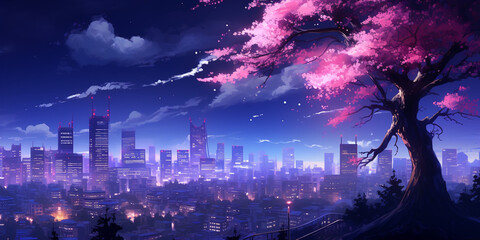 A night view city city cape neon pink light residential buildings big sakura tree with futuristic background