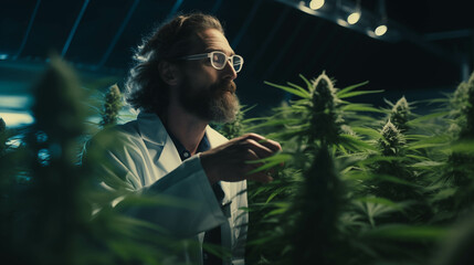 Caucasian man in a robe researching cannabis.