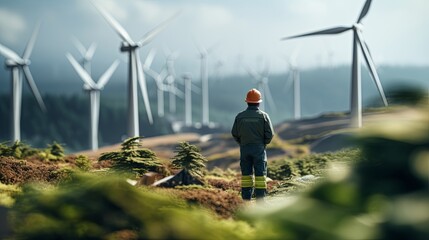 Investors and technician who are out of focus in the foreground are standing in talks about wind turbine power generation, Wind turbine farm is an alternative electricity source for business esg ideas