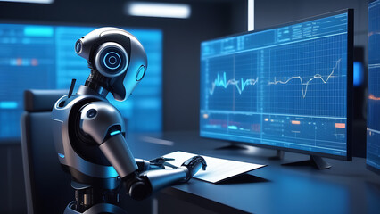 Robot working in labaratorywith laptop , technical progress